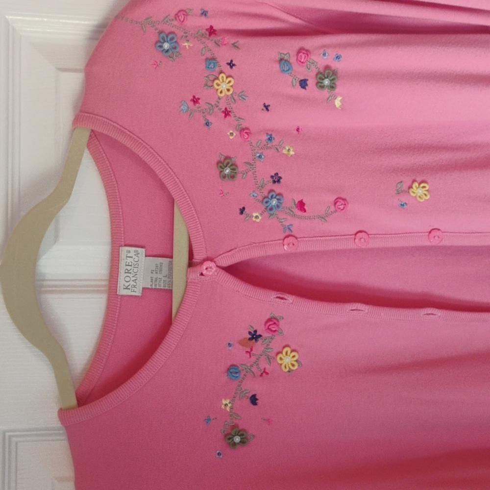 Vintage Koret Francisca Women's Size Large Flower Embroidered Cardigan Pink - Picture 6 of 8